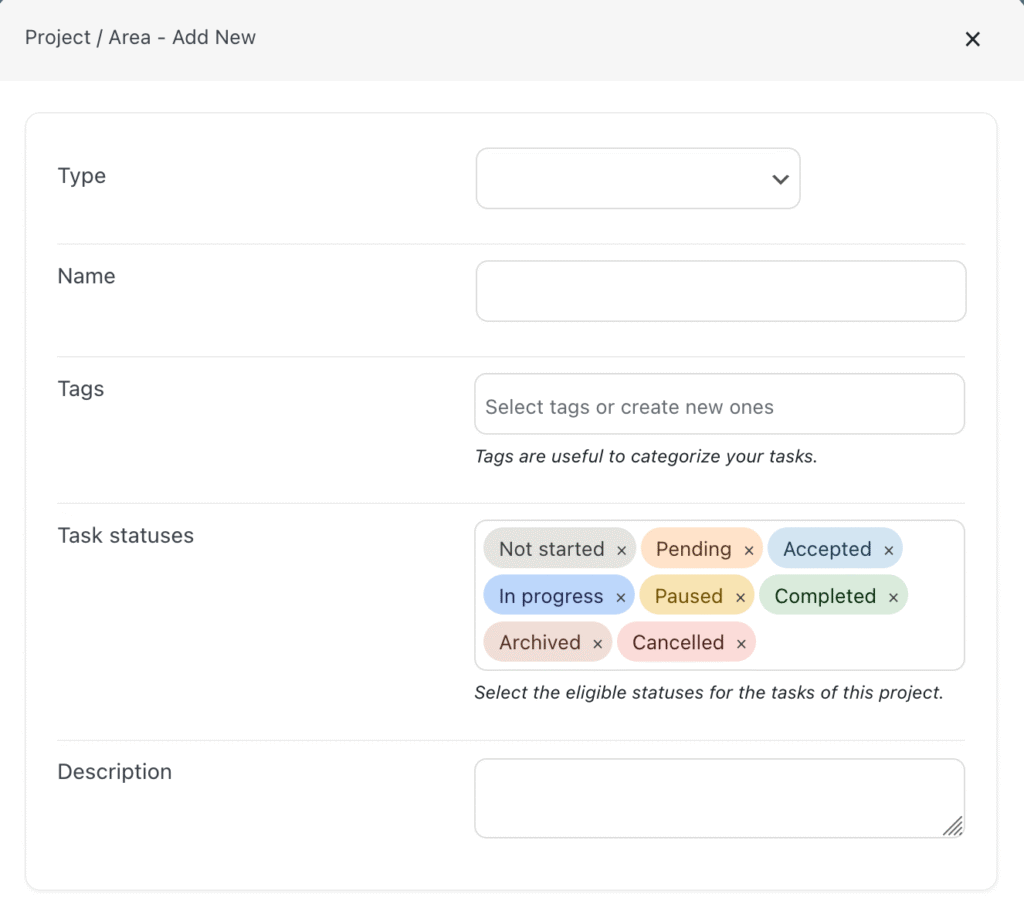 Fenêtre affichant la création d’une zone de projet, avec des champs à remplir et un bouton d’enregistrement.