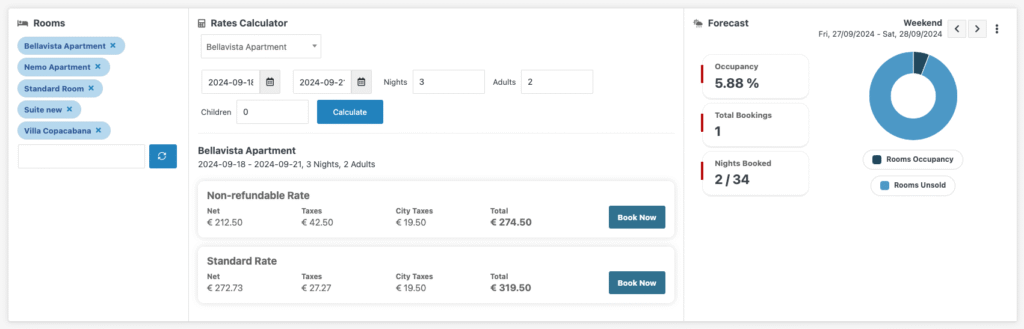 Interface combinant un tableau récapitulatif des
tarifs et un outil de calcul automatique des prix en fonction de la durée du
séjour ou du nombre de personnes
