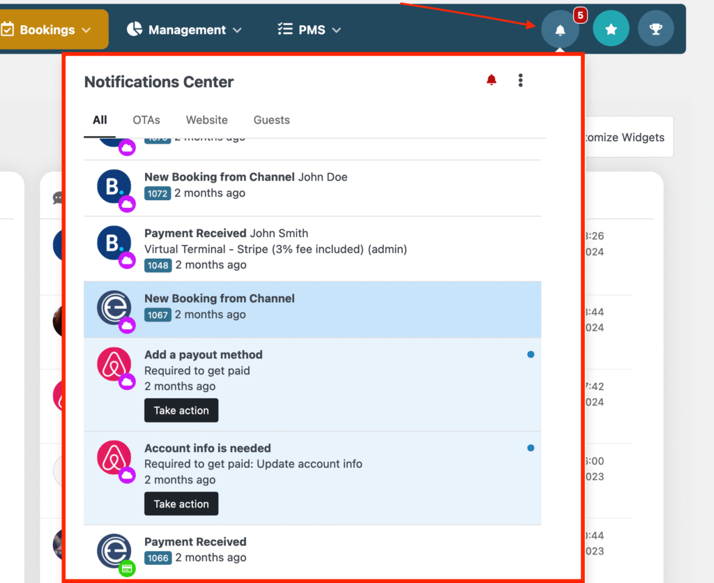 Le Centre de Notifications est votre **hub d'information en temps réel**. Il a été conçu pour être votre point de référence unique pour suivre tous les événements importants qui se produisent sur votre site web, des nouvelles réservations aux messages de clients.
Vous pouvez y accéder à tout moment en cliquant sur l'**icône en forme de cloche** située en haut à droite de votre interface d'administration.