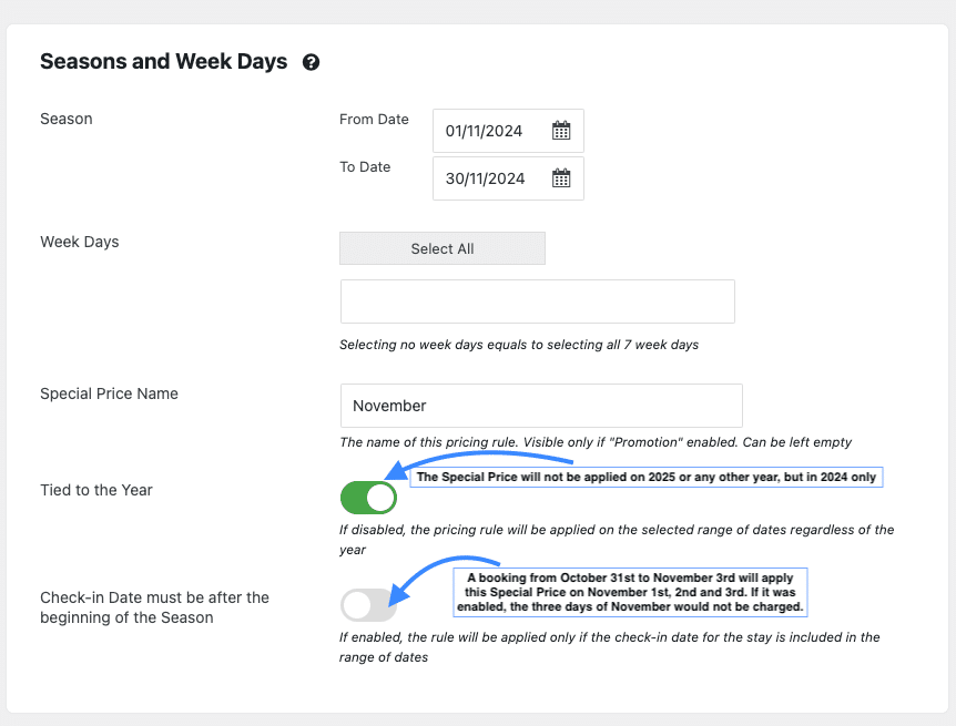 Fenêtre de paramètres
permettant d’ajuster les conditions des tarifs spéciaux, avec des champs pour les dates, le type d’offre et la valeur de réduction.