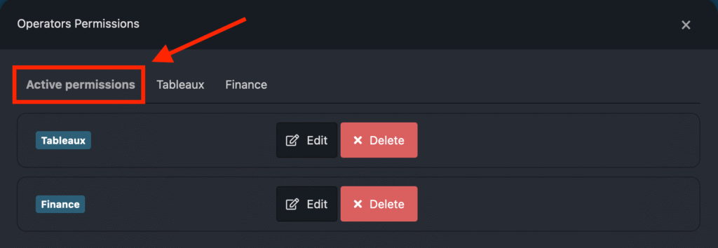 Panneau d’administration
affichant la liste des
utilisateurs et leurs
permissions actives, avec des cases à cocher pour ajuster les
droits.