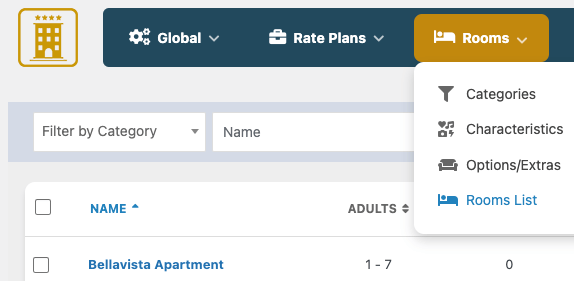 Interface principale
affichant toutes les
chambres disponibles dans Vik Booking. L’image montre un tableau organisé
avec les noms des
chambres, leurs types,
leurs disponibilités et des actions de gestion comme
l’édition ou la suppression.