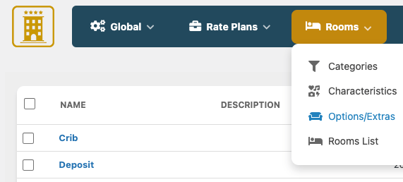 Capture d’écran du menu regroupant les chambres et leurs options supplémentaires. L’image montre une liste de chambres avec des icônes de gestion, des descriptions et des liens vers leurs paramètres.