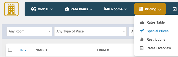Capture d’écran présentant le menu dédié aux tarifs
spéciaux dans Vik Booking, avec des options pour ajouter, modifier ou supprimer des prix
promotionnels selon la période ou le type de chambre