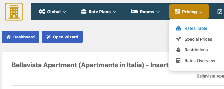 Interface principale du tableau des tarifs, avec des colonnes indiquant les types de chambres, les prix et les outils de gestion.