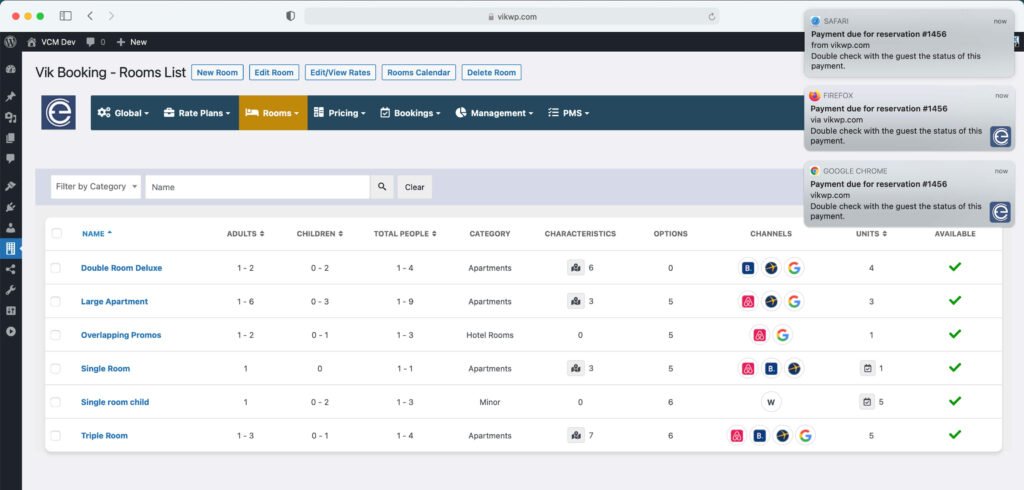 Capture d’écran montrant l’activation des
notifications du navigateur pour Vik Booking,
permettant d’être informé instantanément des
nouvelles réservations ou mises à jour.