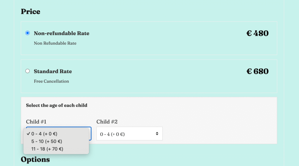 Image illustrant la
configuration des tranches d’âge pour les enfants. L’interface permet de
définir des intervalles
précis et des conditions
tarifaires adaptées selon l’âge.