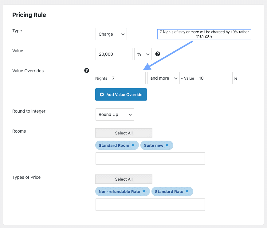 Deuxième vue de la
configuration des prix
spéciaux, affichant des paramètres détaillés comme
les limitations par type de chambre ou les jours de validité.