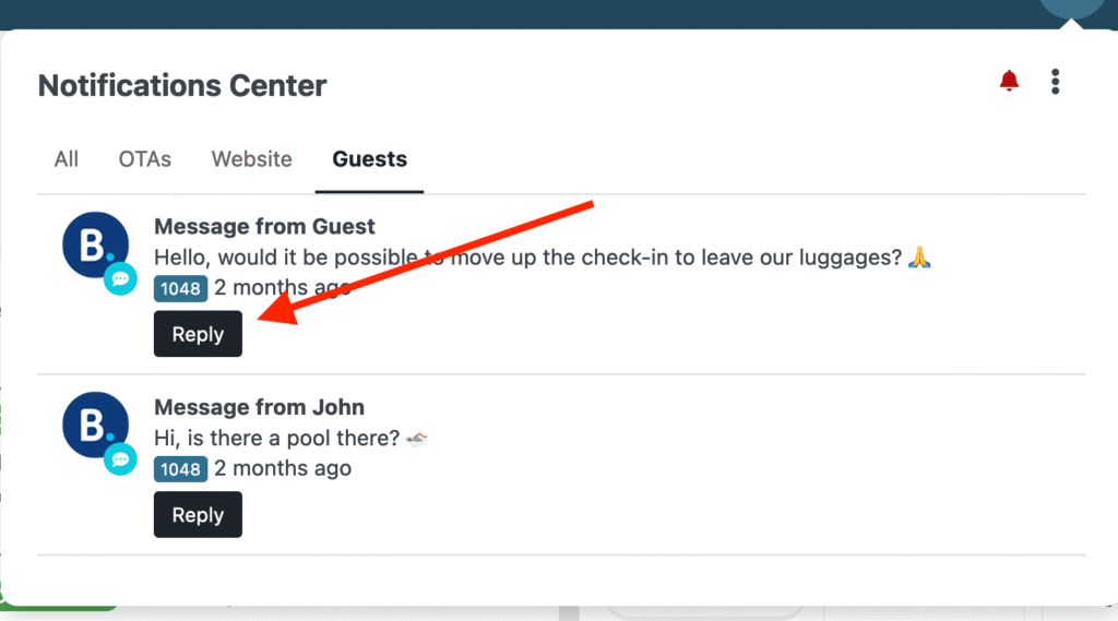 Capture d’écran montrant l’interface du centre de
notifications où l’utilisateur peut
répondre à un message ou une
alerte. L’image affiche un champ
de texte et des options d’envoi
pour gérer la communication liée
aux réservations.