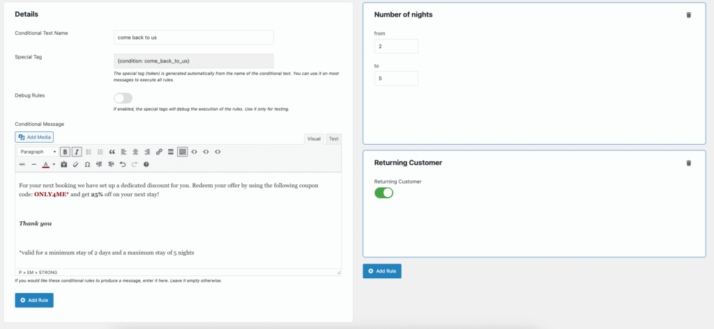Capture d’écran illustrant un exemple de texte conditionnel
affiché pour un client récurrent lors de la réservation.