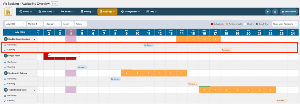 Interface combinant les réservations avec
les tâches associées, affichant des détails
comme les dates, les statuts et les
affectations.